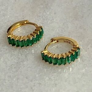 18K Gold Green Crystal Huggie Hoop Thick Earrings